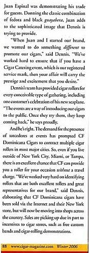 CIGAR article continues writing about original concept that launched the CF Dominicana brand along with the idea of cigar rollers to promote the brand.